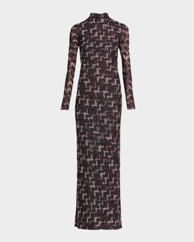 Metallic Zigzag Long-Sleeve Maxi Dress
